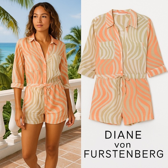 Diane von Furstenberg (DVF),Soleil Coral Wave Print,Cotton Romper,Size Large - Picture 1 of 12